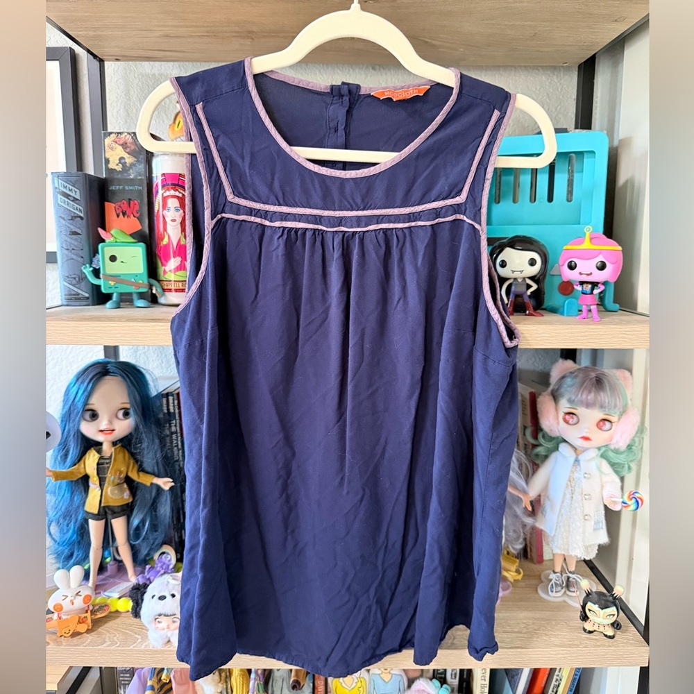 Modcloth Dark Blue Sleeveless Blouse with lilac Trim and buttons
